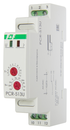 Евроавтоматика F&F PCR-513U с задержкой включения, 1 модуль, монтаж на DIN-рейке 12-264В AC/DC  8А 1NO/NC IP20